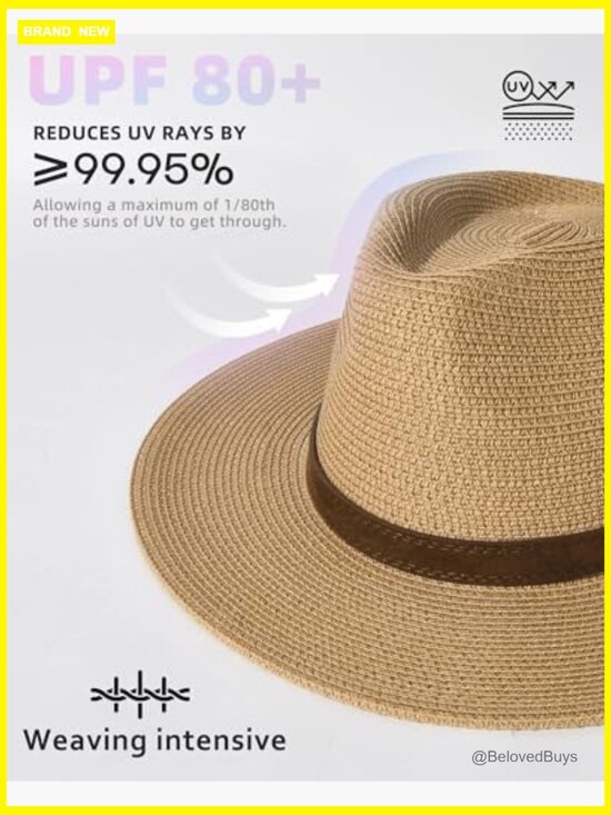 Wide Brim Straw Panama Fedora Hat UPF 80 Sun Protection Summer Beach main image 7
